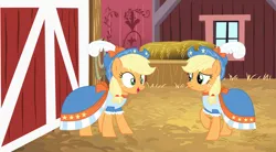 Size: 1280x707 | Tagged: safe, artist:brightstar40k, derpibooru import, applejack, changeling, earth pony, pony, barn, base used, clothes, coronation dress, disguise, disguised changeling, double, dress, duo, female, freckles, hat, image, impostor, jpeg, mare, oh my, oh no, uh oh, worried