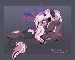 Size: 2500x2000 | Tagged: safe, artist:skyboundsiren, derpibooru import, oc, oc:digit morose, unicorn, controller, cutie mark, female, goth, horn, image, looking at you, lying down, magic, piercing, pigtails, pillow, png, unamused