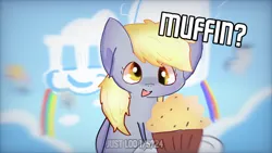 Size: 1280x720 | Tagged: safe, derpibooru import, derpy hooves, pegasus, pony, background pony, cloudsdale, cute, food, g4, image, muffin, png, solo focus