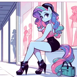 Size: 1024x1024 | Tagged: safe, ai content, derpibooru import, machine learning generated, oc, unofficial characters only, anthro, unicorn, adorasexy, backwards ballcap, bag, baseball cap, cap, clothes, cute, female, handbag, hat, high heels, horn, image, implied tail hole, looking back, mall, not rarity, png, prompter:horselover fat, purse, sexy, shoes, shorts, side view, sitting, solo, tail, tanktop, tiled floor, unicorn oc