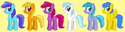 Size: 2275x594 | Tagged: safe, artist:maddiewondermanforever36, cotton cloudy, first base, liza doolots, noi, petunia, ruby pinch, tootsie flute, earth pony, pegasus, pony, unicorn, adorabase, adult blank flank, alternate mane six, alternate universe, aura (g4), aurabetes, blank flank, closed mouth, cottonbetes, cute, female, filly six, g4, girly girl, group, image, mare, noiabetes, older, older aura (g4), older cotton cloudy, older first base, older liza doolots, older noi, older petunia, older ruby pinch, older tootsie flute, pegasus first base, pinchybetes, png, prototype, race swap, sextet, simple background, smiling, tomboy, tootsie cute, yellow background
