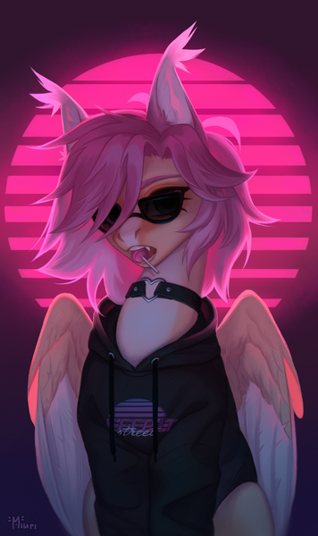 Size: 3000x5050 | Tagged: safe, artist:miurimau, derpibooru import, oc, unofficial characters only, pegasus, pony, absurd file size, bust, candy, choker, clothes, cute, cute little fangs, fangs, female, food, high res, hoodie, image, lollipop, looking at you, mare, mouth hold, png, solo, sunglasses, vaporwave