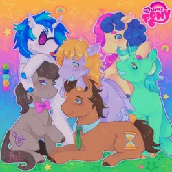 Size: 1440x1440 | Tagged: safe, artist:ariariari.png, derpibooru import, bon bon, derpy hooves, doctor whooves, lyra heartstrings, octavia melody, sweetie drops, time turner, vinyl scratch, earth pony, pegasus, pony, unicorn, abstract background, background six, bowtie, g4, gradient background, group, horn, image, jpeg, lying down, my little pony logo, necktie, prone, sitting, smiling, sunglasses, tongue out