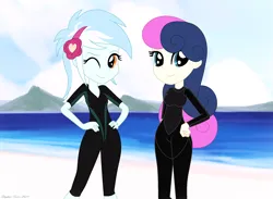 Size: 2118x1547 | Tagged: safe, artist:stephen-fisher, derpibooru import, bon bon, lyra heartstrings, sweetie drops, human, equestria girls, beach, clothes, female, g4, image, lesbian, lyrabon, one eye closed, png, pose, shipping, smiling, swimsuit, wetsuit, wink