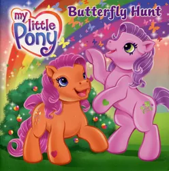 Size: 750x756 | Tagged: safe, artist:carlo loraso, artist:heckyeahponyscans, derpibooru import, official, rainbow dash, serendipity, butterfly, earth pony, insect, pony, g3, bush, cute, duo, duo female, female, g3betes, heart, image, jpeg, mare, my little pony logo, my little pony: butterfly hunt, open mouth, open smile, outdoors, raised hoof, rearing, smiling, text