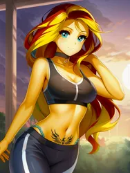 Size: 512x682 | Tagged: suggestive, ai content, derpibooru import, editor:masterdarhil, machine learning generated, sunset shimmer, equestria girls, bare shoulders, beautiful, bikini, bikini bottom, breasts, bust, choker, cleavage, clothes, female, g4, image, jewelry, jpeg, looking at you, midriff, panties, pants, photoshop, prompter:sammykun, recolor, sleeveless, solo, sports bra, sporty style, swimsuit, tattoo, underwear, womb tattoo, workout outfit
