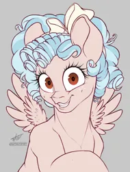 Size: 2219x2919 | Tagged: safe, artist:peepingtom, derpibooru import, cozy glow, pegasus, pony, bow, bust, curly hair, curly mane, eyelashes, g4, hair bow, image, looking at you, png, portrait, smiling, wide eyes
