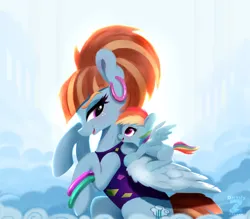 Size: 2376x2078 | Tagged: safe, artist:darksly, derpibooru import, rainbow dash, windy whistles, pegasus, pony, 80s, cloud, cloudsdale, duo, ear piercing, earring, female, filly, filly rainbow dash, foal, g4, image, jewelry, jpeg, mother and child, mother and daughter, piercing, younger