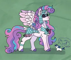 Size: 1900x1600 | Tagged: safe, artist:cluterdrop, derpibooru import, princess flurry heart, shining armor, alicorn, pony, unicorn, armor, cloven hooves, dialogue, father and child, g4, heart, hidden eyes, horn, image, jpeg, micro, older, older flurry heart, size difference, speech bubble, spread wings, tail, tail feathers, tiny, tiny ponies, warrior flurry heart, wings