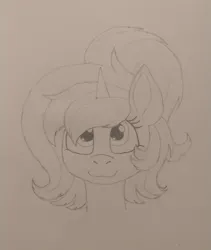 Size: 3060x3632 | Tagged: safe, artist:curly horse, derpibooru import, oc, oc:red rocket, unicorn, :3, bust, cute, horn, image, jpeg, ponytail, portrait, solo, traditional art