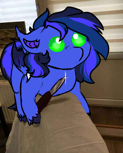 Size: 720x900 | Tagged: safe, artist:fluffyghost, derpibooru import, oc, oc:guard cobalt flash, bat pony, bat pony oc, bat wings, commission, criminal, cute, image, knife, png, threatening, unshorn fetlocks, wings, ych result