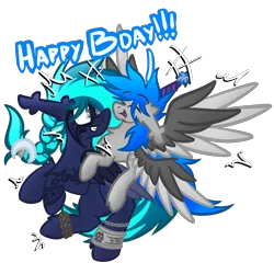 Size: 2048x2048 | Tagged: safe, artist:linkle, derpibooru import, oc, oc:linkle riverward, oc:nirn, fluffy pony, hybrid, pegasus, pony, birthday, celtic, chest fluff, ear fluff, excited, fluffy, hair braid, happy, hat, image, multiple wings, party hat, pegabat, png, riding, riding a pony, viking, wings