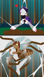 Size: 2550x4404 | Tagged: safe, artist:billy2345, derpibooru import, oc, oc:caramel, oc:love band, unofficial characters only, arachnid, drider, earth pony, original species, pony, semi-anthro, tarantula, chest fluff, cocoon, comic, dirt, female, femdom, grass, heart, hooves behind back, image, mare, png, silk, spider web, spread legs, spreading, wrapped up, wrapping