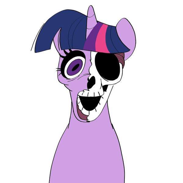 Size: 1080x1080 | Tagged: grimdark, artist:plum, twilight sparkle, twilight sparkle (alicorn), alicorn, pony, female, hoers, horn, image, jpeg, mare, mlp infection, open mouth, simple background, skull, solo, white background