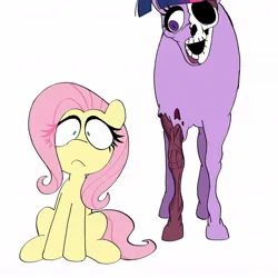 Size: 1080x1080 | Tagged: grimdark, artist:plum, fluttershy, twilight sparkle, twilight sparkle (alicorn), alicorn, pegasus, pony, flesh, hoers, image, jpeg, looking sideways, mlp infection, open mouth, scared, shrunken pupils, simple background, sitting, skull, tail, white background