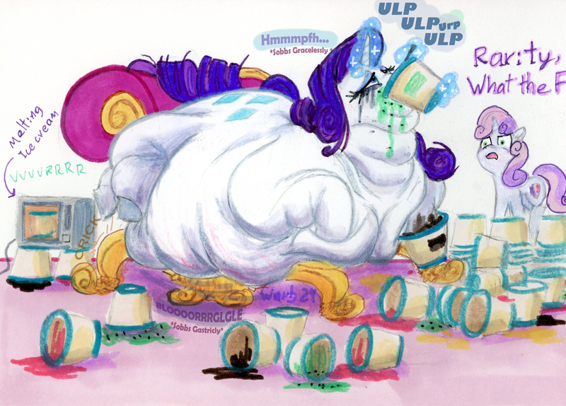 Size: 3188x2286 | Tagged: questionable, artist:white-eyed vireo, derpibooru import, rarity, sweetie belle, pony, belly, big belly, bingo wings, butt, chubby cheeks, crying, double chin, drawing, fat, fat fetish, fetish, flabby chest, food, g4, huge belly, huge butt, ice cream, image, immobile, impossibly large belly, impossibly obese, jpeg, large butt, lying down, morbidly obese, multichin, neck roll, obese, rolls of fat, traditional art