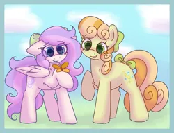 Size: 3000x2300 | Tagged: safe, artist:puppie, derpibooru import, junebug, oc, oc:lilac breeze, butterfly, earth pony, insect, pegasus, pony, adorabug, background pony, blushing, bow, cute, grass, hair bow, image, png, smiling, tail, tail bow, wingding eyes
