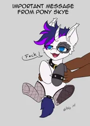 Size: 1872x2616 | Tagged: safe, artist:zackwhitefang, derpibooru import, oc, unofficial characters only, pony, unicorn, censored, censored vulgarity, gray background, holding a pony, horn, image, jpeg, simple background, solo, unicorn oc, vulgar