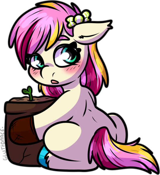 Size: 1363x1494 | Tagged: safe, artist:sexygoatgod, derpibooru import, oc, oc:soursop pop, unofficial characters only, earth pony, pony, female, filly, foal, gardening, image, magical lesbian spawn, offspring, parent:bon bon, parent:lyra heartstrings, parent:oc:razzmatazz gleam, parents:canon x oc, png, simple background, solo, transparent background, unshorn fetlocks