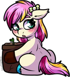 Size: 1363x1494 | Tagged: safe, artist:sexygoatgod, derpibooru import, oc, oc:soursop pop, unofficial characters only, earth pony, pony, female, filly, foal, gardening, image, magical lesbian spawn, offspring, parent:bon bon, parent:lyra heartstrings, parent:oc:razzmatazz gleam, parents:canon x oc, png, simple background, solo, transparent background, unshorn fetlocks