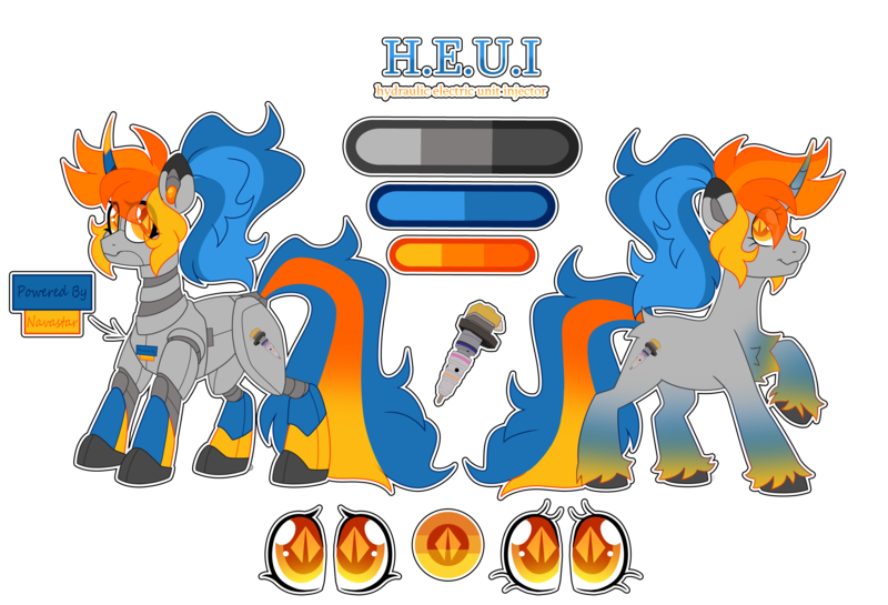 Size: 7943x5409 | Tagged: safe, artist:crazysketch101, derpibooru import, oc, oc:h.e.u.i, unofficial characters only, pony, robot, robot pony, unicorn, commission, horn, image, png, reference sheet, simple background, solo, transparent background