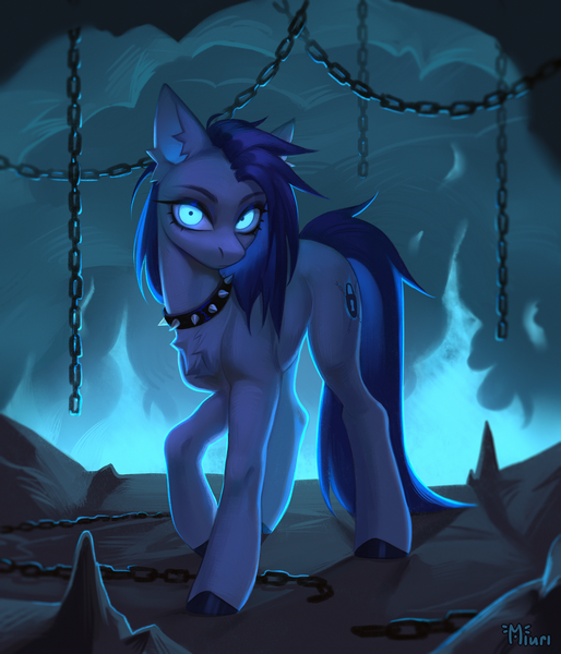 Size: 3000x3500 | Tagged: safe, artist:miurimau, derpibooru import, oc, unofficial characters only, earth pony, pony, blue fire, cave, chains, choker, fire, glow, glowing eyes, high res, image, looking at you, png, solo, spiked choker