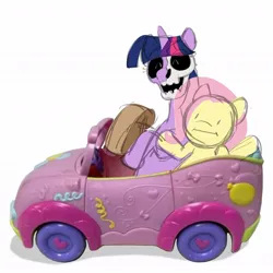 Size: 1080x1080 | Tagged: grimdark, artist:plum, fluttershy, twilight sparkle, twilight sparkle (alicorn), alicorn, pegasus, pony, :i, eyebrows, female, happy, image, irl background, jpeg, mare, paper bag, shrug, simple background, sketch, skull, toy car, white background