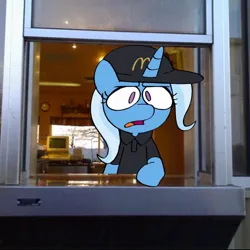 Size: 720x720 | Tagged: safe, artist:plum, trixie, pony, unicorn, baseball cap, bipedal, cap, clothes, female, frown, hat, image, irl background, jaw drop, jpeg, looking at you, mare, mcdonald's, shirt, solo