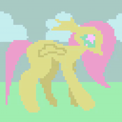 Size: 500x500 | Tagged: safe, artist:larvaecandy, derpibooru import, fluttershy, pegasus, pony, animated, cloud, colored, colored sclera, day, digital art, ear fluff, female, flat colors, floppy ears, folded wings, frame by frame, g4, gif, grass, image, long mane, long tail, mare, missing cutie mark, no mouth, pink mane, pink tail, pixel animation, pixel art, profile, sky, small wings, solo, sparkly eyes, straight mane, straight tail, tail, teal eyes, teal sclera, walk cycle, walking, wingding eyes, wings, yellow coat