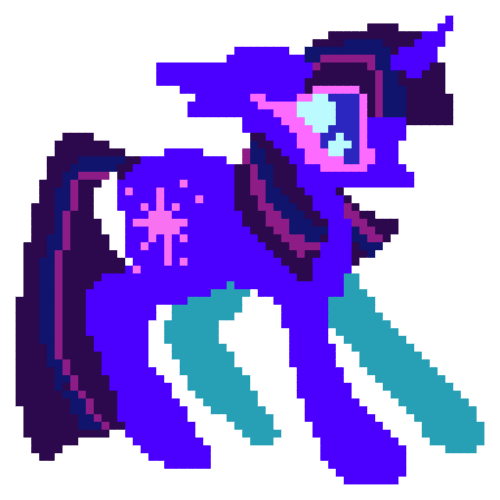 Size: 500x500 | Tagged: safe, artist:larvaecandy, derpibooru import, twilight sparkle, pony, unicorn, alternate color palette, alternate eye color, big eyes, colored, colored sclera, digital art, ear fluff, eye clipping through hair, female, flat colors, floppy ears, g4, horn, image, long mane, long tail, mare, multicolored mane, multicolored tail, no mouth, pink sclera, pixel animation, pixel art, png, profile, purple coat, purple eyes, simple background, solo, standing, straight mane, straight tail, tail, transparent background, unicorn horn, wingding eyes