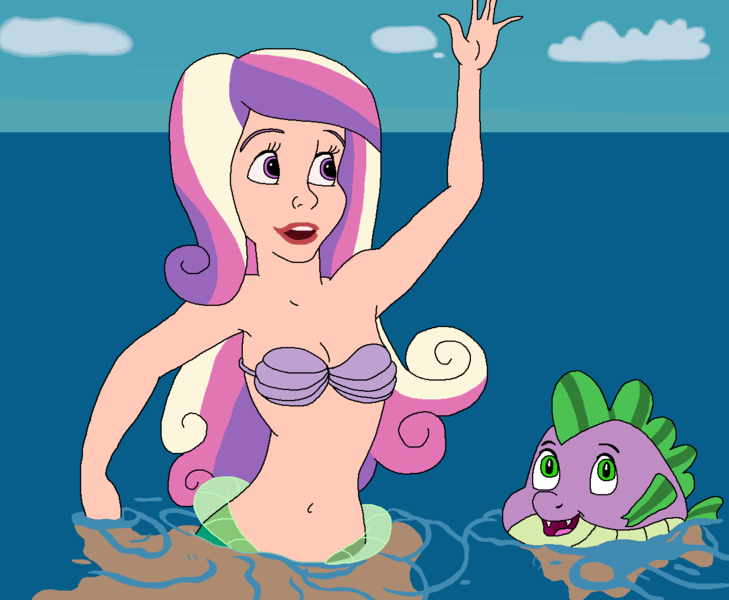 Size: 1240x1020 | Tagged: safe, artist:ocean lover, derpibooru import, princess cadance, spike, dragon, fish, human, mermaid, sea dragon, ariel, beautiful, beautiful hair, belly button, bra, clothes, cloud, disney, disney princess, disney style, fins, fish tail, flounder (the little mermaid), goodbye, green eyes, hand up, human coloration, humanized, image, light skin, lips, long hair, mermaidized, mermay, ms paint, multicolored hair, ocean, open mouth, outdoors, png, pretty, princess ariel, purple eyes, seashell, seashell bra, sky, species swap, surface, tail, tail fin, thank you, the little mermaid, underwear, water, waving