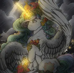 Size: 1280x1253 | Tagged: safe, artist:binibean, derpibooru import, princess celestia, rainy day, alicorn, phoenix, pony, flower, g4, glow, glowing horn, horn, image, jpeg, looking down, one wing out, phoenix chick, rain, smiling, solo, wet, wing umbrella, wings
