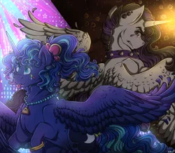 Size: 1280x1116 | Tagged: safe, artist:binibean, derpibooru import, princess celestia, princess luna, alicorn, pony, between dark and dawn, 80s princess luna, alternate hairstyle, choker, duo, duo female, female, g4, glow, glowing horn, horn, image, jewelry, jpeg, looking back, mare, necklace, punklestia, royal sisters, siblings, sisters, spiked choker, spread wings, tongue out, wings