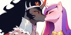 Size: 2400x1200 | Tagged: suggestive, ai content, derpibooru import, machine learning generated, prompter:greesys, king sombra, princess cadance, blushing, image, infidelity, kissing, png, princess cheatdance, rule 63