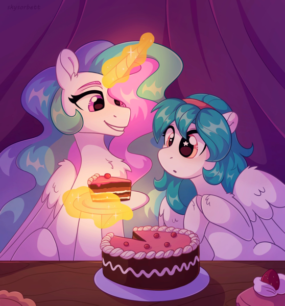 Size: 2000x2150 | Tagged: safe, artist:skysorbett, derpibooru import, princess celestia, oc, alicorn, pegasus, pony, cake, chest fluff, duo, duo female, female, food, glow, glowing horn, horn, image, magic, magic aura, pegasus oc, plate, png, table, telekinesis, wings