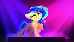 Size: 1280x720 | Tagged: safe, artist:littleblackraencloud, derpibooru import, oc, oc:koa, unofficial characters only, pegasus, pony, female, grin, hoof hold, image, looking at you, mare, microphone, one eye closed, png, smiling, solo, stage light, wink, winking at you