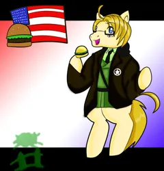 Size: 833x867 | Tagged: safe, artist:mistyrainbowfleece, derpibooru import, ponified, earth pony, pony, bipedal, burger, clothes, food, glasses, hetalia, hoof hold, image, male, nation ponies, png, solo, united states