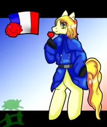 Size: 628x742 | Tagged: safe, artist:mistyrainbowfleece, derpibooru import, ponified, earth pony, pony, bipedal, clothes, facial hair, flower, france, hetalia, hoof hold, image, male, nation ponies, png, solo