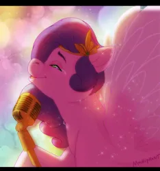 Size: 1200x1280 | Tagged: safe, artist:mistyrainbowfleece, derpibooru import, pipp petals, pegasus, pony, g5, glowin' up, my little pony: a new generation, female, image, jpeg, microphone, profile, singing, solo, teary eyes
