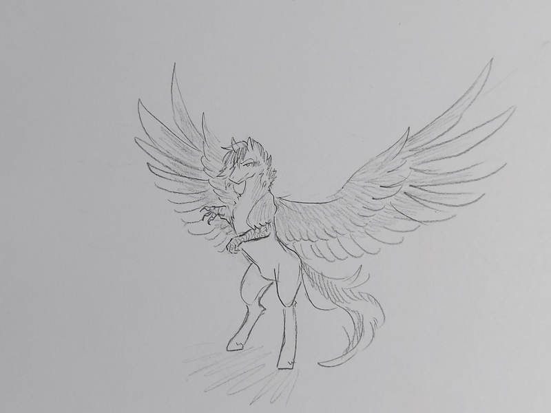 Size: 4624x3468 | Tagged: safe, artist:hkpegasister, derpibooru import, oc, oc:silver argent, unofficial characters only, hippogriff, pony, absurd resolution, grayscale, image, jpeg, male, monochrome, pencil drawing, ponygriff, rearing, smiling, solo, spread wings, stallion, traditional art, wings