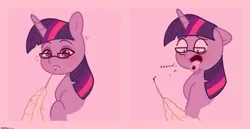 Size: 2480x1280 | Tagged: safe, artist:starburstuwu, derpibooru import, twilight sparkle, pony, unicorn, 2 panel comic, blushing, bust, comic, cute, female, floating heart, floppy ears, g4, glasses, heart, horn, image, ink, jpeg, mare, pink background, quill, simple background, solo, tongue out, twiabetes