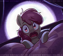 Size: 2500x2249 | Tagged: safe, artist:askometa, derpibooru import, apple bloom, earth pony, pony, bed, blanket, bust, curtains, female, filly, foal, image, jpeg, moon, night, open mouth, scared, screaming, solo, text, waking up