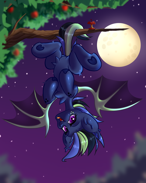 Size: 2000x2500 | Tagged: safe, artist:illkillux2, derpibooru import, oc, unofficial characters only, bat pony, pegasus, apple, bat pony oc, bat wings, belly, commission, dark skin, food, hanging, hanging upside down, hooves, image, moon, night, night sky, open mouth, open smile, png, short hair, sky, smiling, solo, spread legs, spread wings, spreading, stomach, tree, upside down, wings, ych result