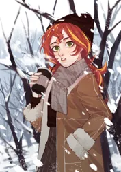 Size: 2000x2828 | Tagged: safe, artist:xieyanbbb, derpibooru import, sunset shimmer, human, equestria girls, clothes, coffee, female, g4, humanized, image, jacket, jpeg, scarf, snow, solo, tree, winter