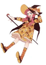 Size: 2000x2828 | Tagged: safe, artist:xieyanbbb, derpibooru import, pinkie pie, human, cane, cape, clothes, dia de los muertos, dress, halloween, hat, holiday, humanized, image, jack-o-lantern, jpeg, long socks, pumpkin, shoes, simple background, solo, white background, witch hat