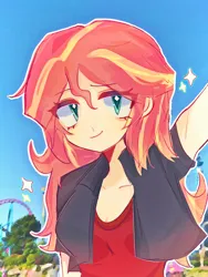 Size: 1080x1440 | Tagged: safe, artist:sanshuiyiwang, derpibooru import, sunset shimmer, human, equestria girls, amusement park, clothes, g4, image, jacket, looking at you, png, solo, sparkles