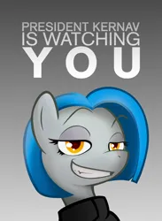 Size: 880x1200 | Tagged: source needed, safe, artist:darkdoomer, artist:reiduran, derpibooru import, edit, vector edit, oc, oc:lorelei kernav, unofficial characters only, earth pony, unicorn, bust, eyebrows, horn, image, jpeg, looking at you, propaganda poster, raised eyebrow, simple background, smug, solo, vector