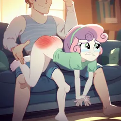 Size: 1024x1024 | Tagged: suggestive, ai content, banned from derpibooru, deleted from derpibooru, machine learning assisted, machine learning generated, screencap, sweetie belle, human, equestria girls, animation error, background human, bad anatomy, butt, crying, image, jpeg, spank mark, spanked, spanking, sweetie butt, teary eyes, teeth, teeth grinding
