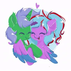 Size: 875x875 | Tagged: safe, artist:skylinepony_, derpibooru import, oc, unofficial characters only, pegasus, pony, cute, duo, duo female, eyes closed, female, fluffy, heart, hug, image, jpeg, pegasus oc, simple background, smiling, wings