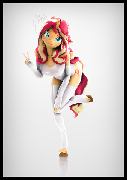 Size: 4000x5656 | Tagged: safe, artist:imafutureguitarhero, derpibooru import, sunset shimmer, anthro, classical unicorn, pony, unguligrade anthro, unicorn, 3d, :p, adorasexy, arm fluff, arm freckles, bare shoulders, border, butt fluff, cheek fluff, chest fluff, chromatic aberration, clothes, cloven hooves, colored eyebrows, colored eyelashes, cute, ear freckles, ear lfuff, evening gloves, female, film grain, fingerless elbow gloves, fingerless gloves, floppy ears, fluffy, fluffy hair, fluffy mane, fluffy tail, freckles, fur, g4, gloves, hand on knee, hand on leg, hoof fluff, horn, image, jpeg, latex, latex clothes, latex gloves, latex leotard, latex socks, latex stockings, leg fluff, leonine tail, leotard, long gloves, long mane, looking at you, mare, multicolored hair, multicolored mane, multicolored tail, one ear down, paintover, peace sign, peppered bacon, reflection, revamped anthros, revamped ponies, sexy, shimmerbetes, shiny, shoulder fluff, shoulder freckles, signature, simple background, skindentation, smiling, smiling at you, socks, solo, source filmmaker, standing, standing on one leg, stockings, tail, tail fluff, thigh highs, tongue out, unshorn fetlocks, vertical, wall of tags, white background, white latex